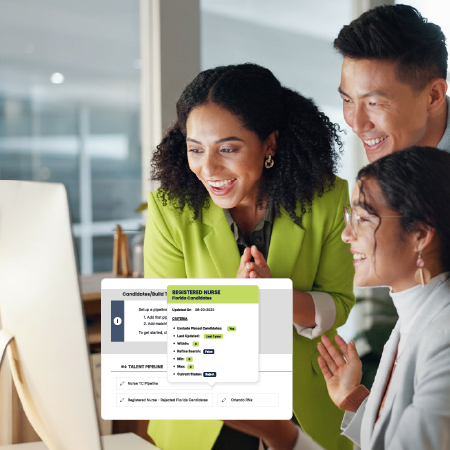 <strong>Build and activate internal and external talent pipelines</strong>
<ul>
<li>AI-powered search across 1.3B candidate profiles
<li>Talent pool management with auto-segmentation
<li>Email and SMS campaign automation
<li>Career site and microsite builder
<li>Employee referral portal
<li>Internal mobility and redeployment support
</ul>
